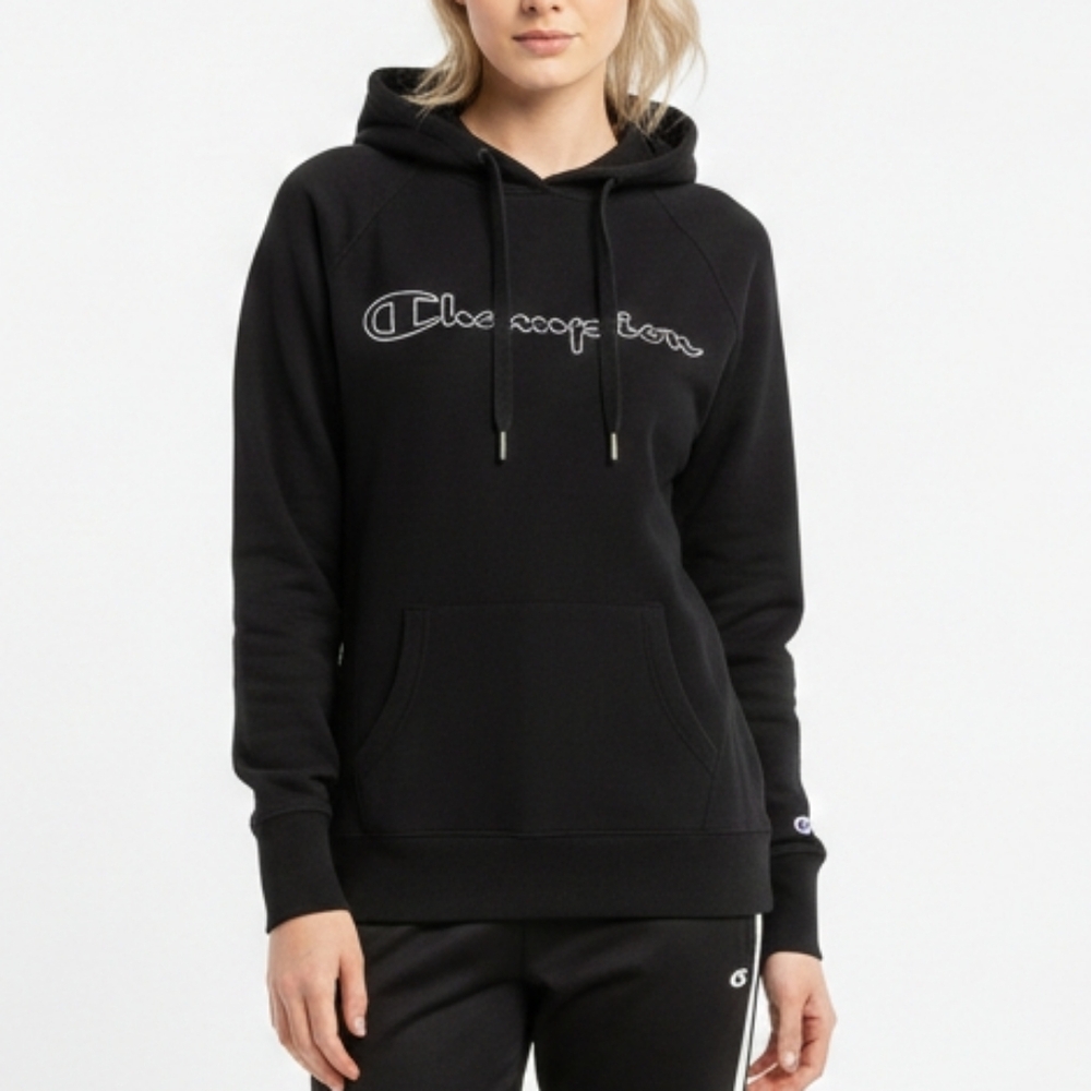 Champion Pullover Black Hoodie Script Logo Athletic Sweatshirt Womens Size XS